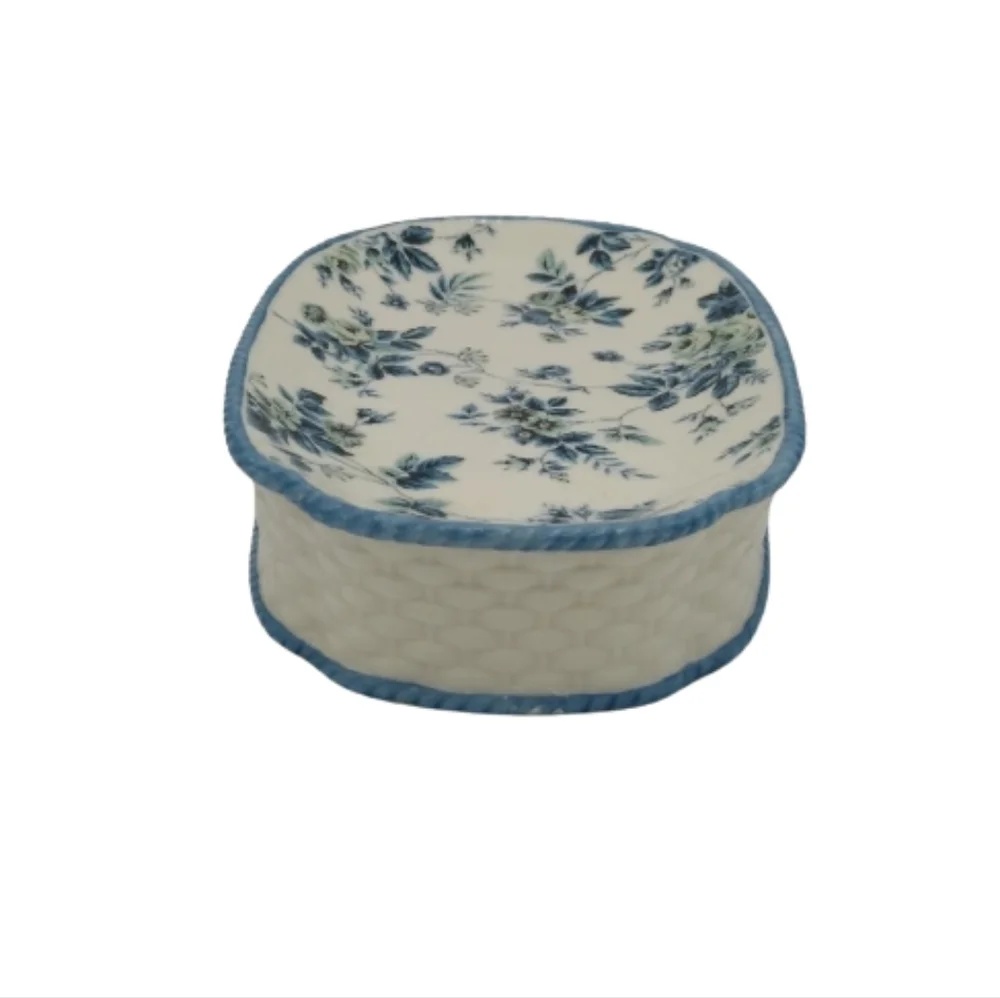 Springs Garden Room Basketweave Blue Roses Floral Porcelain Soap Dish